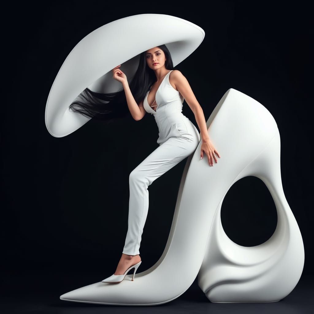 Elegant Woman on Sculpted Shoe, a Surrealist Image
