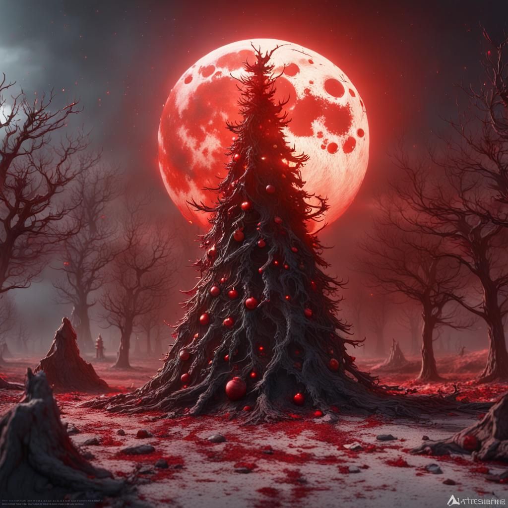 Disturbing Christmas Scene with Burnt Tree and Red Moon