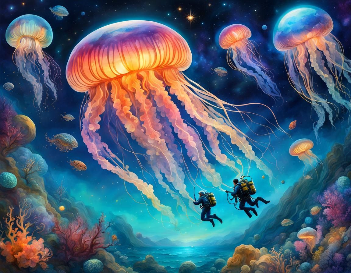 Jellyfish and Scuba Diver in Space, Fantasy Art