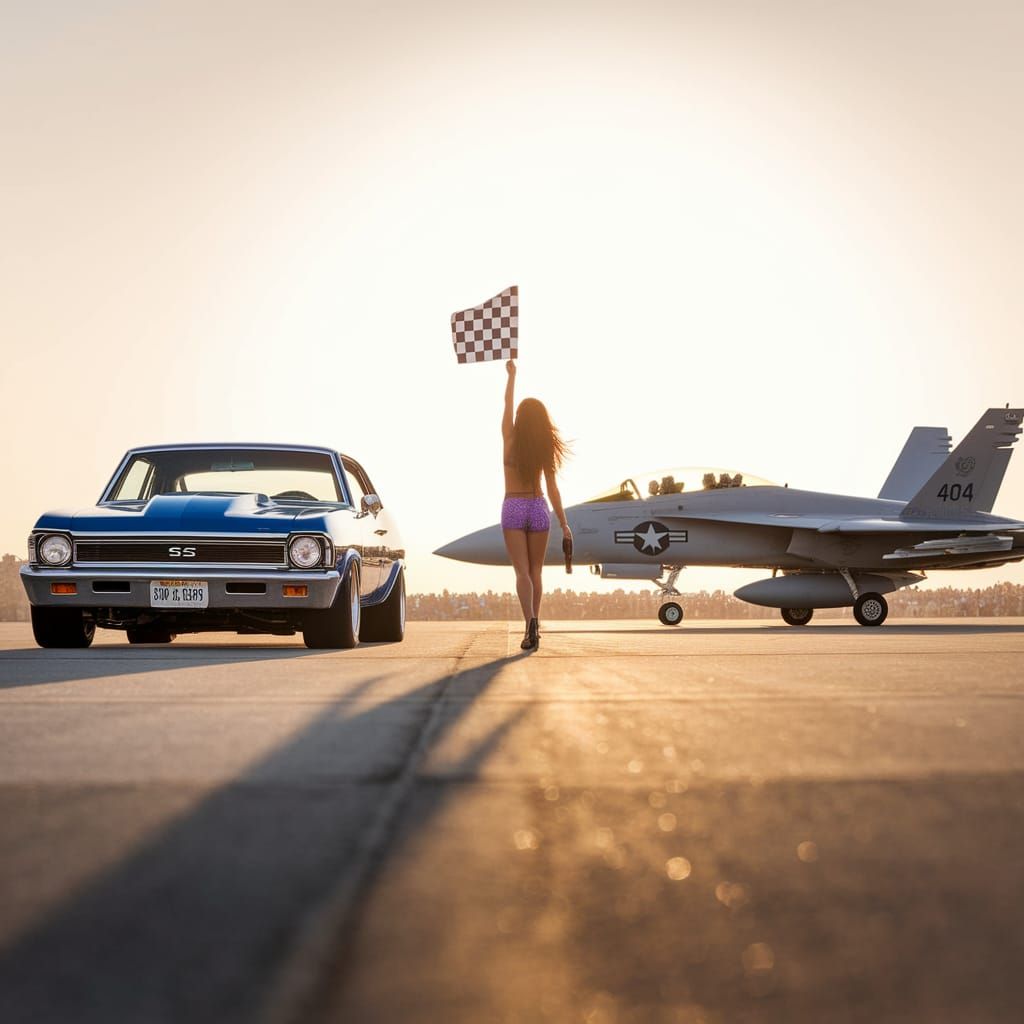 Vintage Chevy Nova SS Meets F-18 Super Hornet on Sunlit Runw...