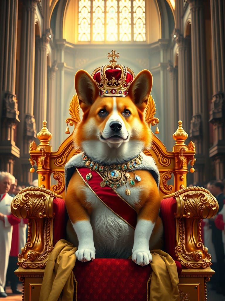 Royal Corgi in Opulent Coronation Regalia