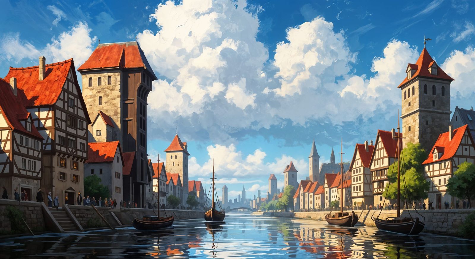 Impressionistic Port Town: Digital Oil Painting