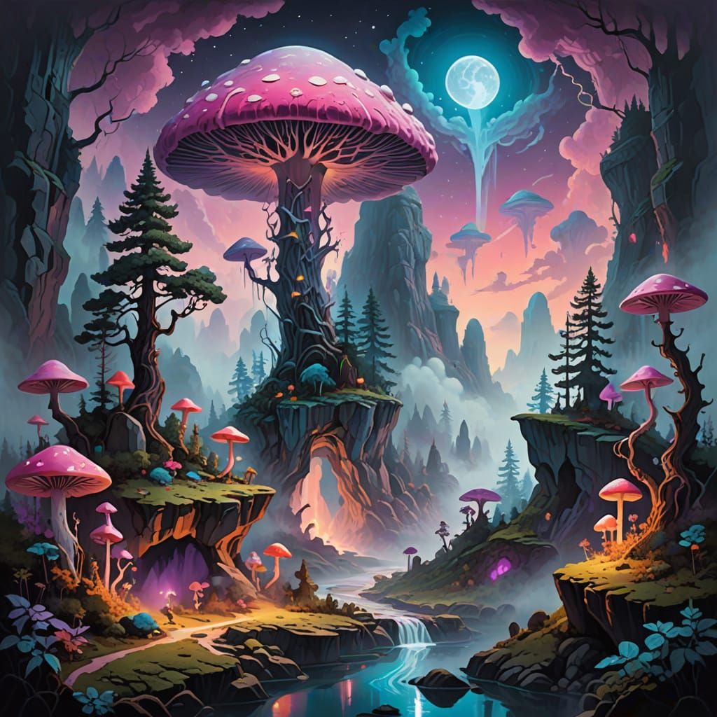 Psychedelic Crystal Forest with Moonlight River
