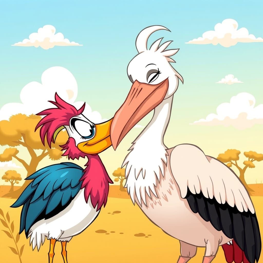 Charming Hamerkop Kisses Blushing Pelican, Cartoon Style