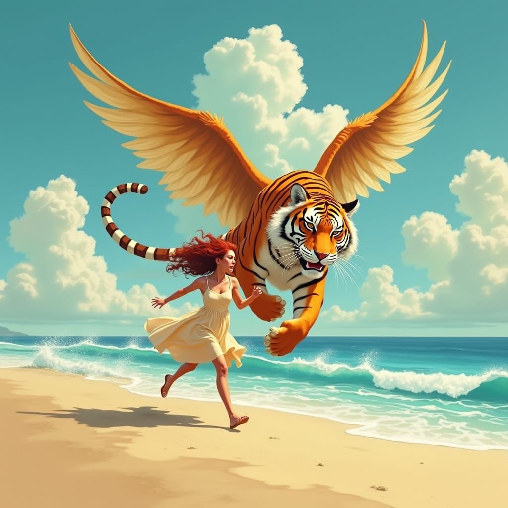 Surreal Whimsy Lady Flees Tiger with Wings Across Ocean Sand