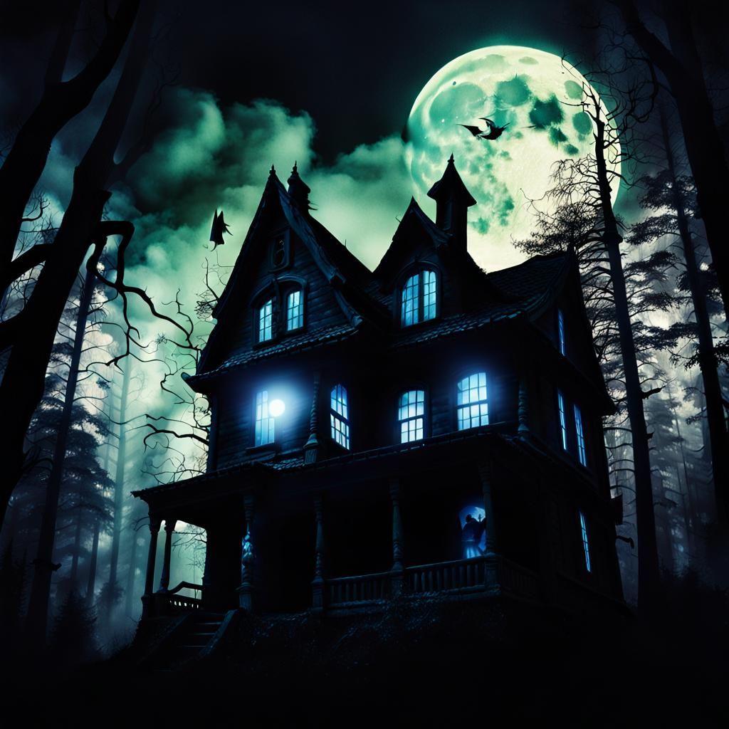 Surreal Haunted House with Ghostly Apparition