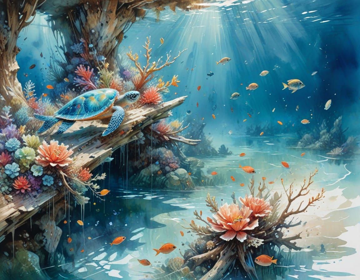 Coral Lagoon Shimmers in Expressive Watercolour Style