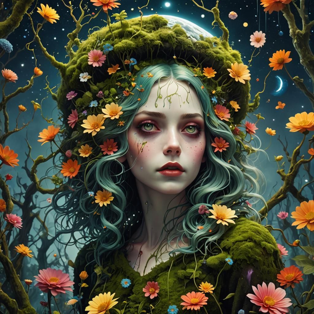 Grungy Rainbow Haired Woman with Whiskey: Psychedelic Art