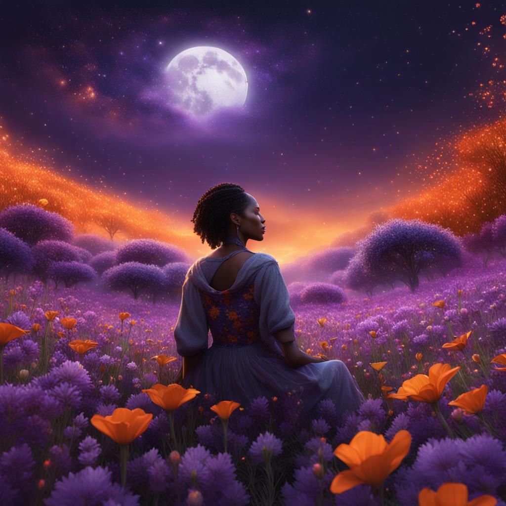 Moonlit Woman in Floral Field: Fantasy Concept Art