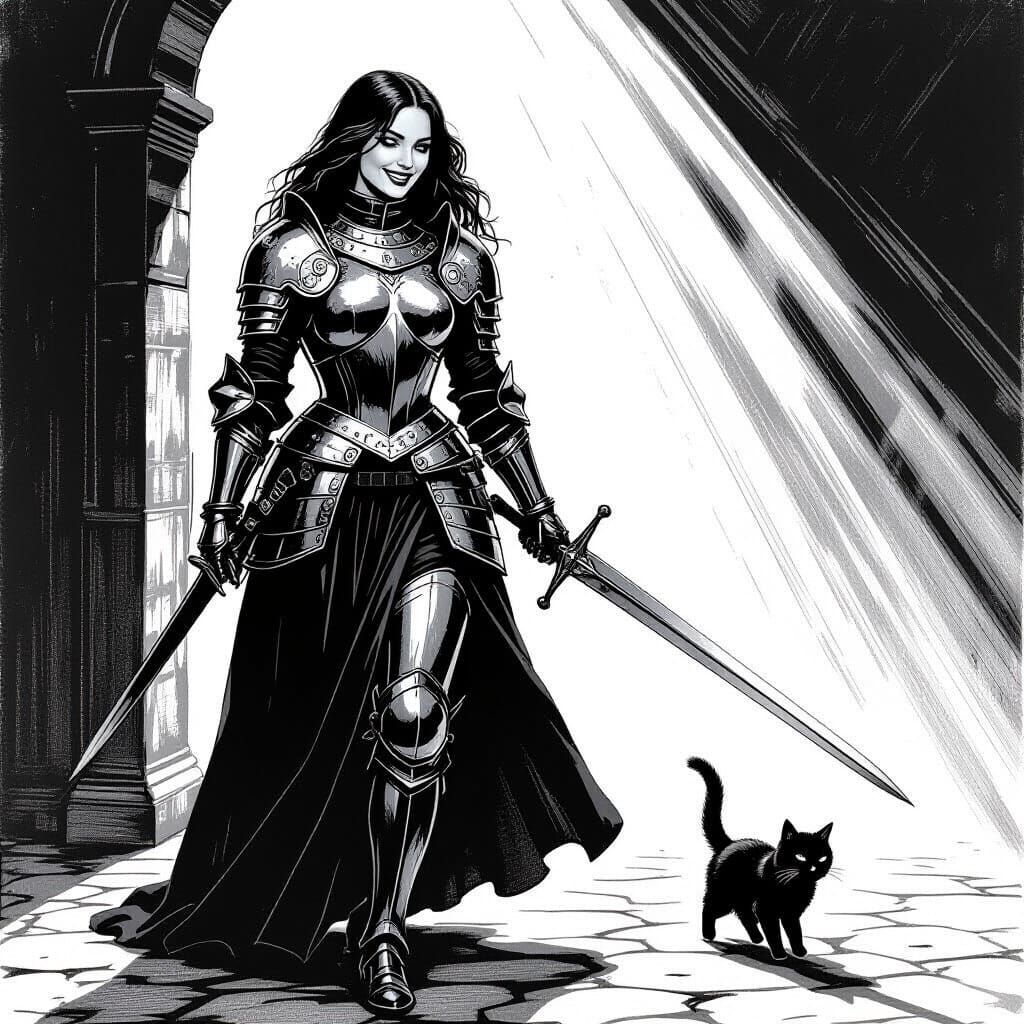 Charming Warrior Woman with Sword and Cat in Black and White...