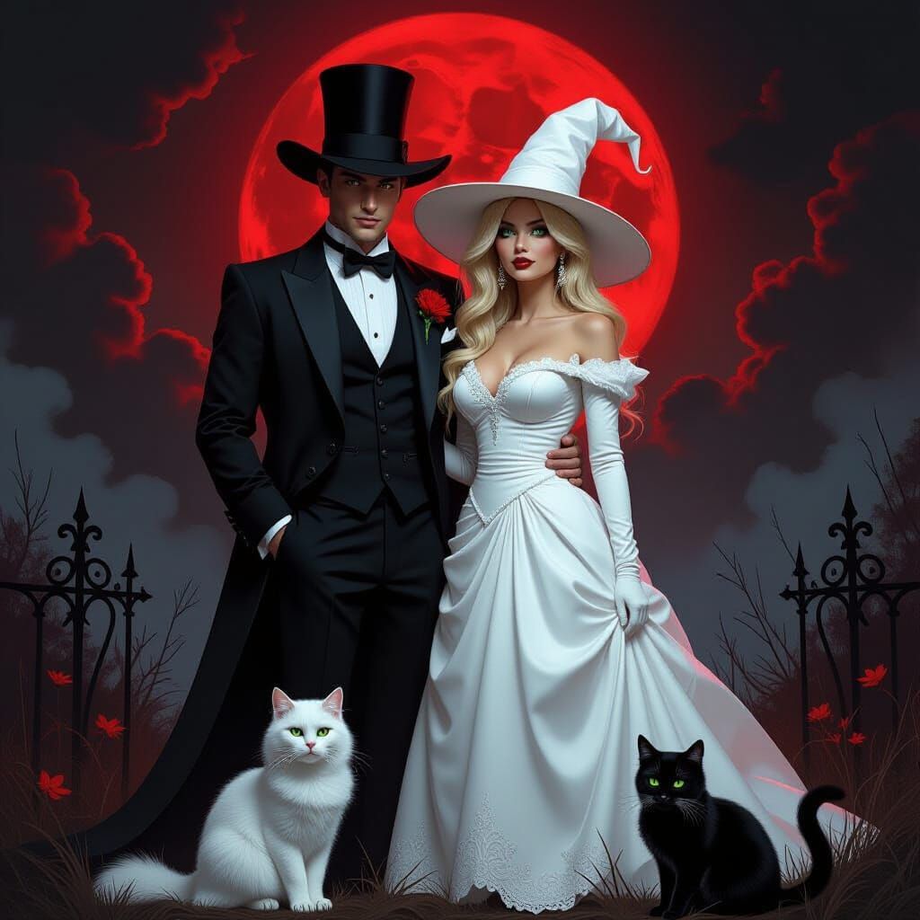 Witch and Warlock Under Red Moon on Halloween