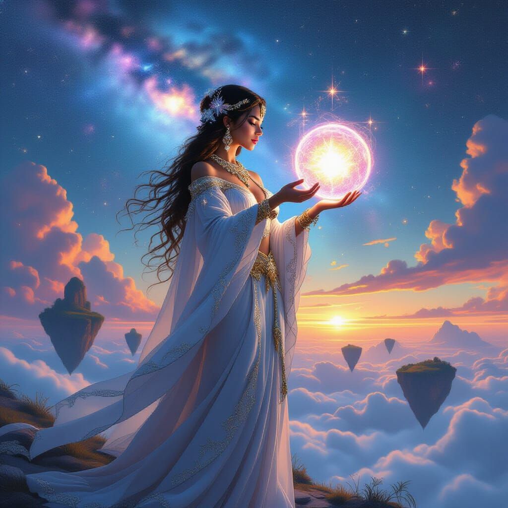 Latina Goddess on Floating Islands Under Nebula Sky