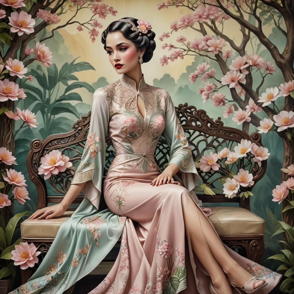 Art Deco Lady in Polygonal Dress, Airbrushed Style