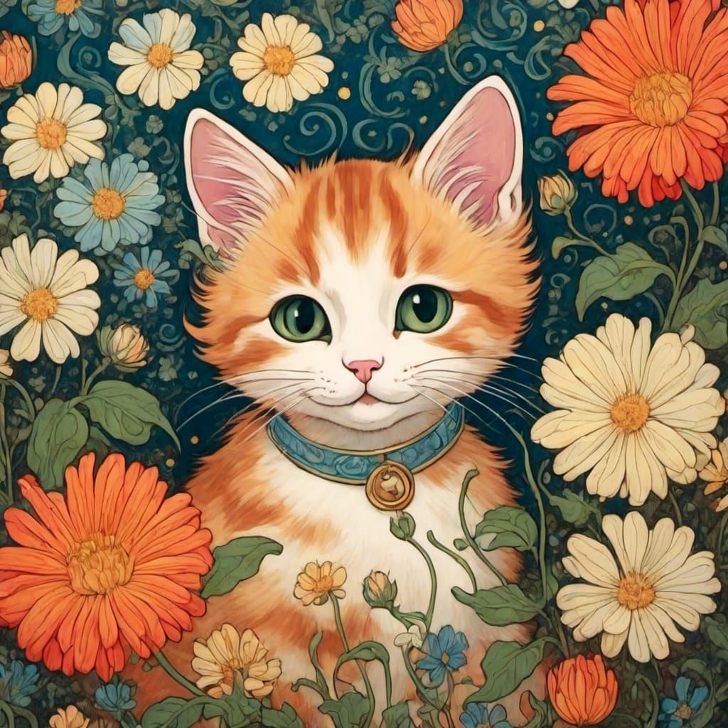 Art Nouveau Kitten Surrounded by Flowers