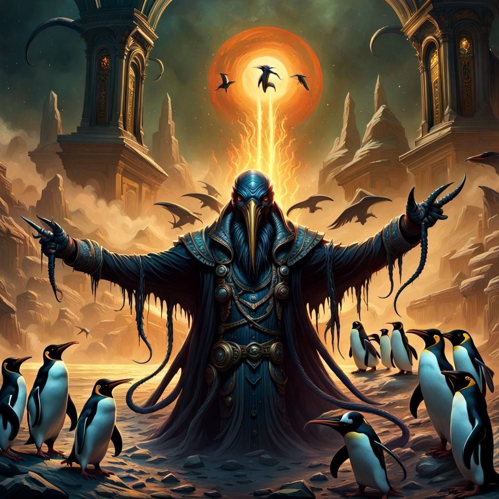 Nyarlathotep Tempts Penguins with Flight: Dark Fantasy Art