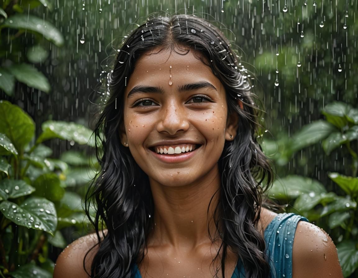 Smiling Indian Woman Enjoying Monsoon Rain: Portrait