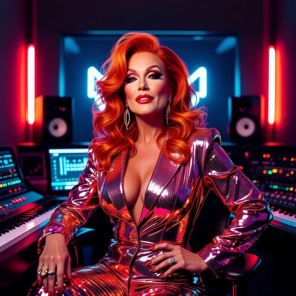 Trans Woman in Neon Studio: Pop Art Portrait