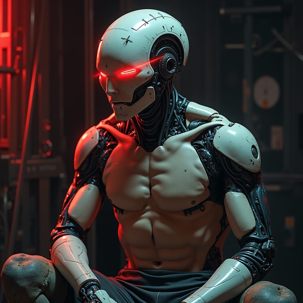 Intense Cyborg with Red Eye in Biomechanical Style