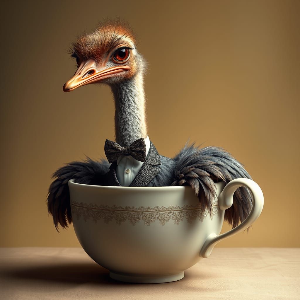 Ostrich in Waistcoat Sits in Coffee Cup