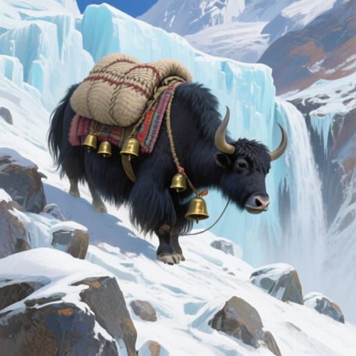 Yak Scales Icy Himalayas in Atmospheric Digital Art