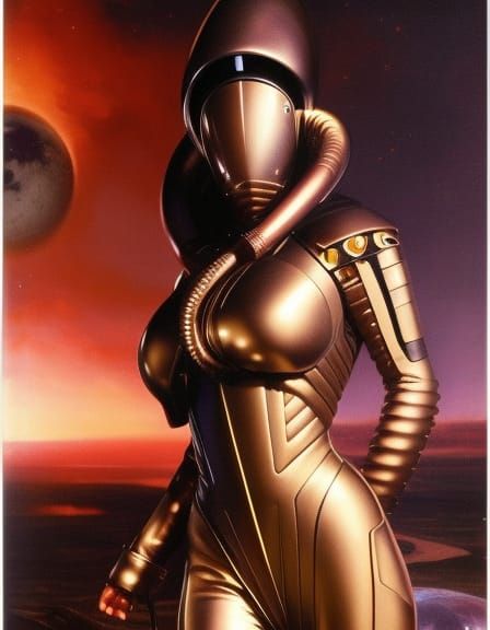 Retro Sci-Fi Squid Girl Soldier on the Moon