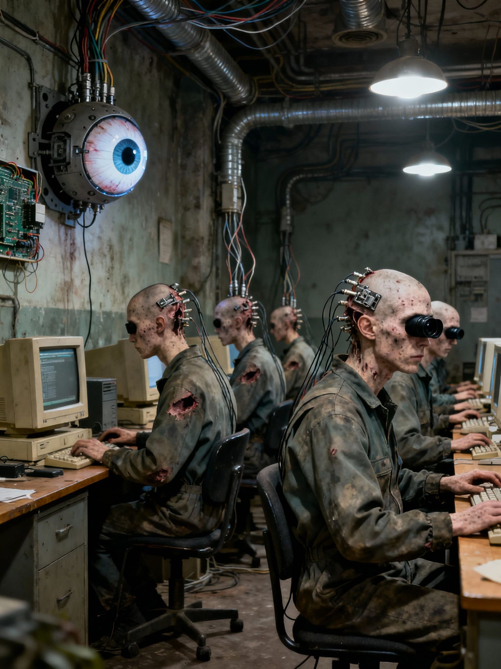 Expressionless Drone Workers with Camera Lenses for Eyes