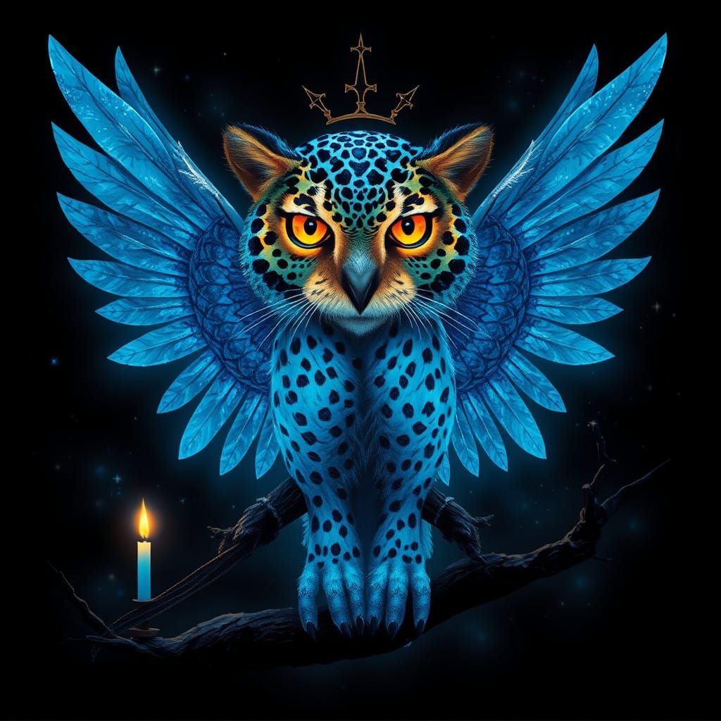 Surreal Symbolic Scene with Blue Owl Leopard King