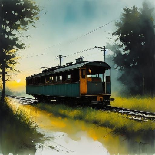 Abandoned Train Caboose at Sunset in a Vibrant Flower Field