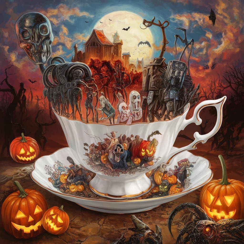 Humanity's Last Stand in Teacup, Surreal Oil Painting