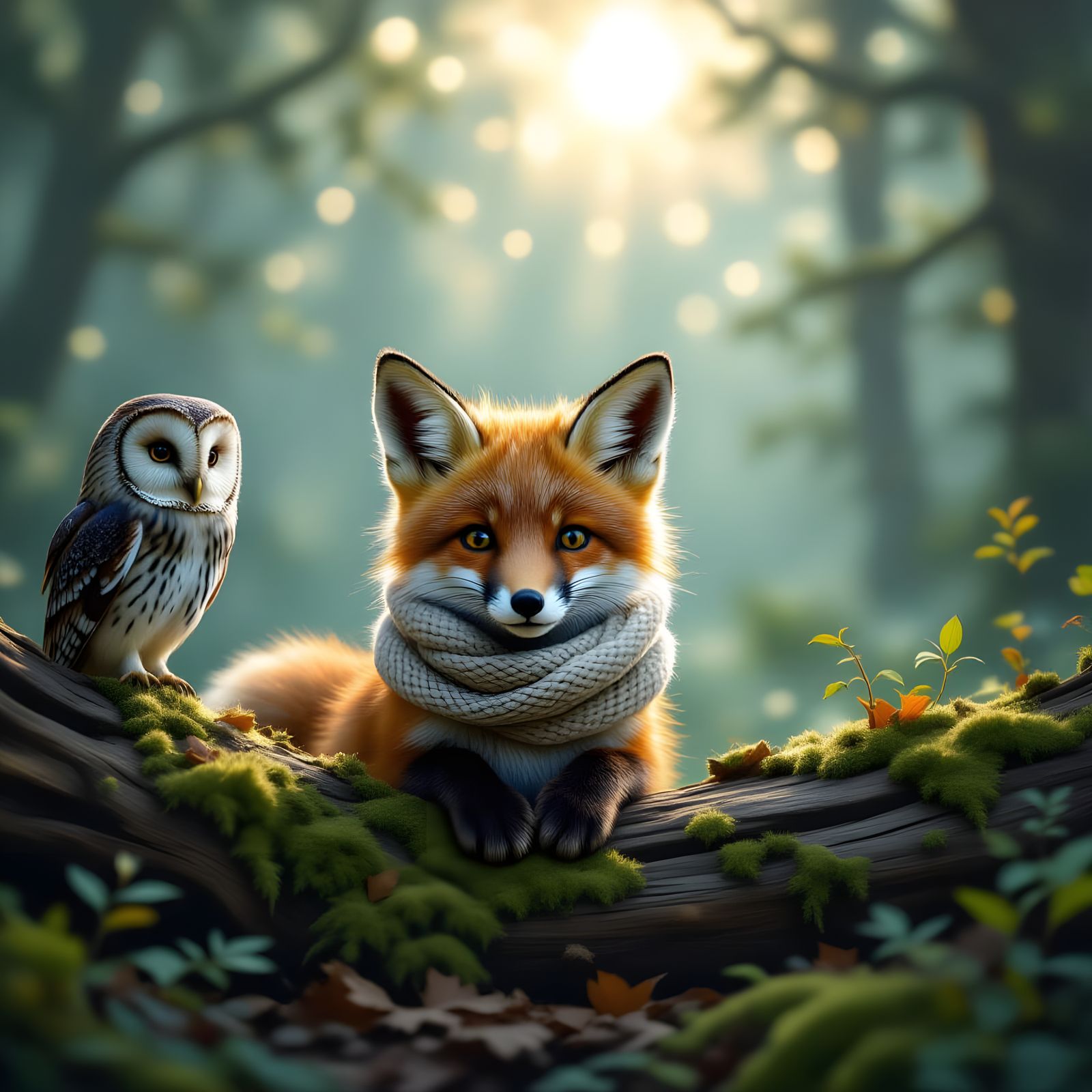 Fox Cub in Foggy Forest with Owl
