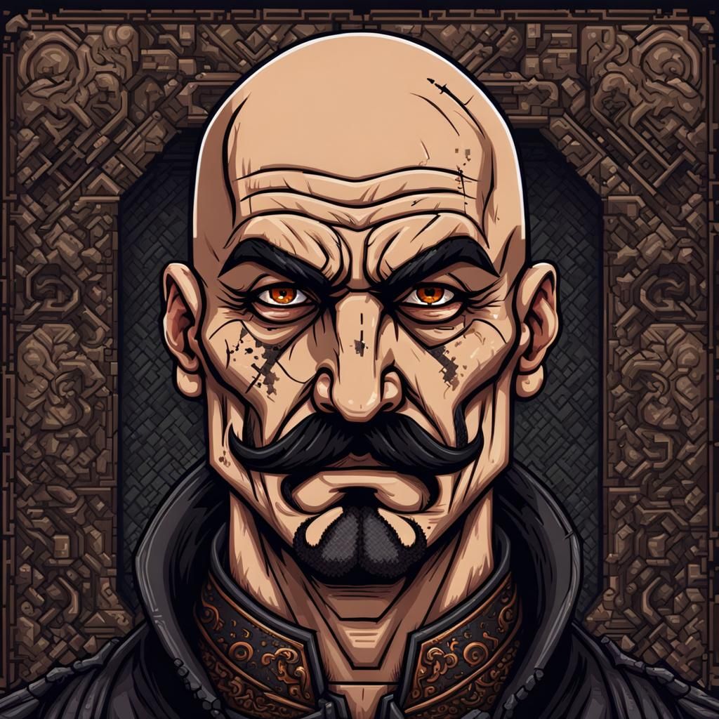 Evil Bald Man with Scar in Pixel Art
