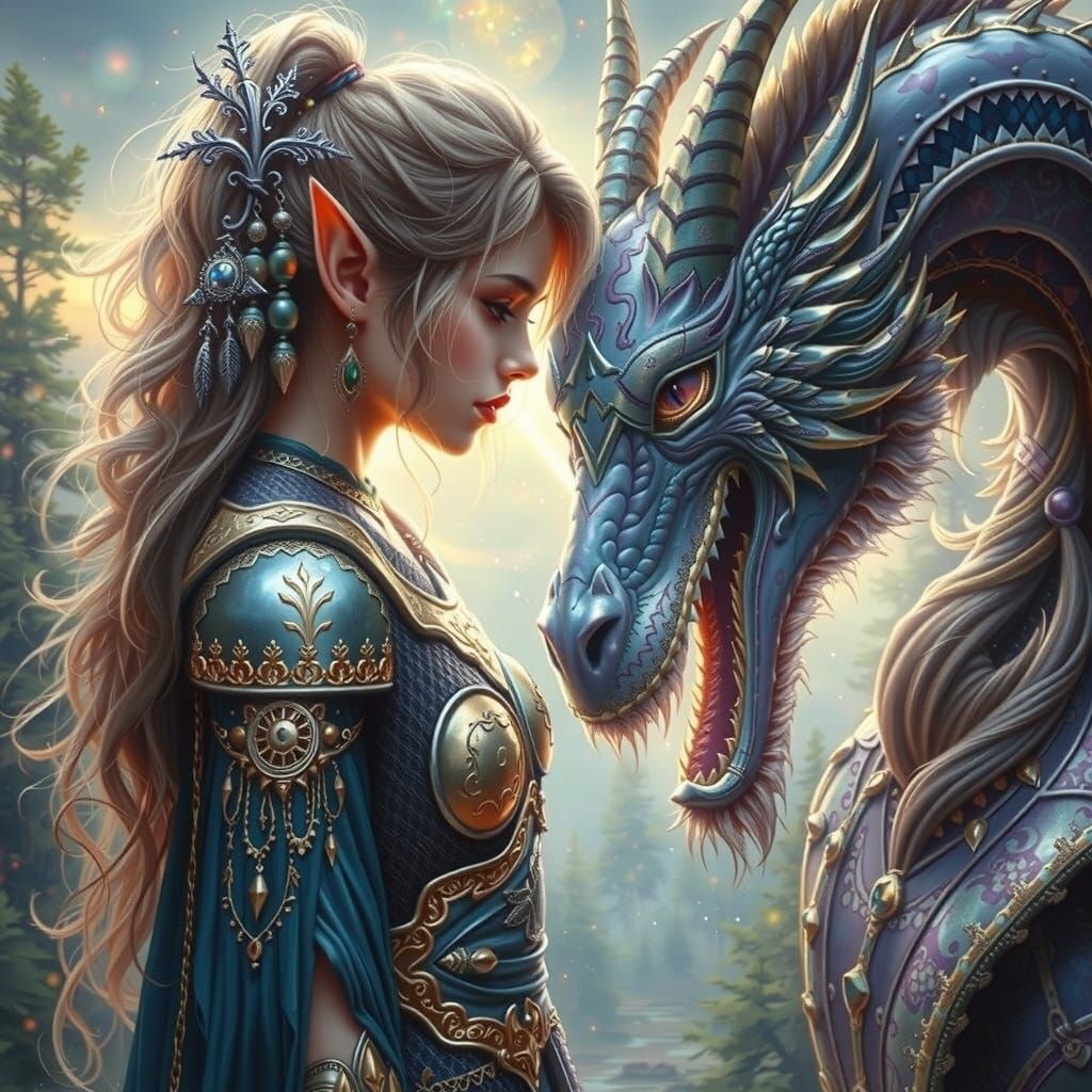Elf Warrior and Dragon Forehead Touch in Surreal Style