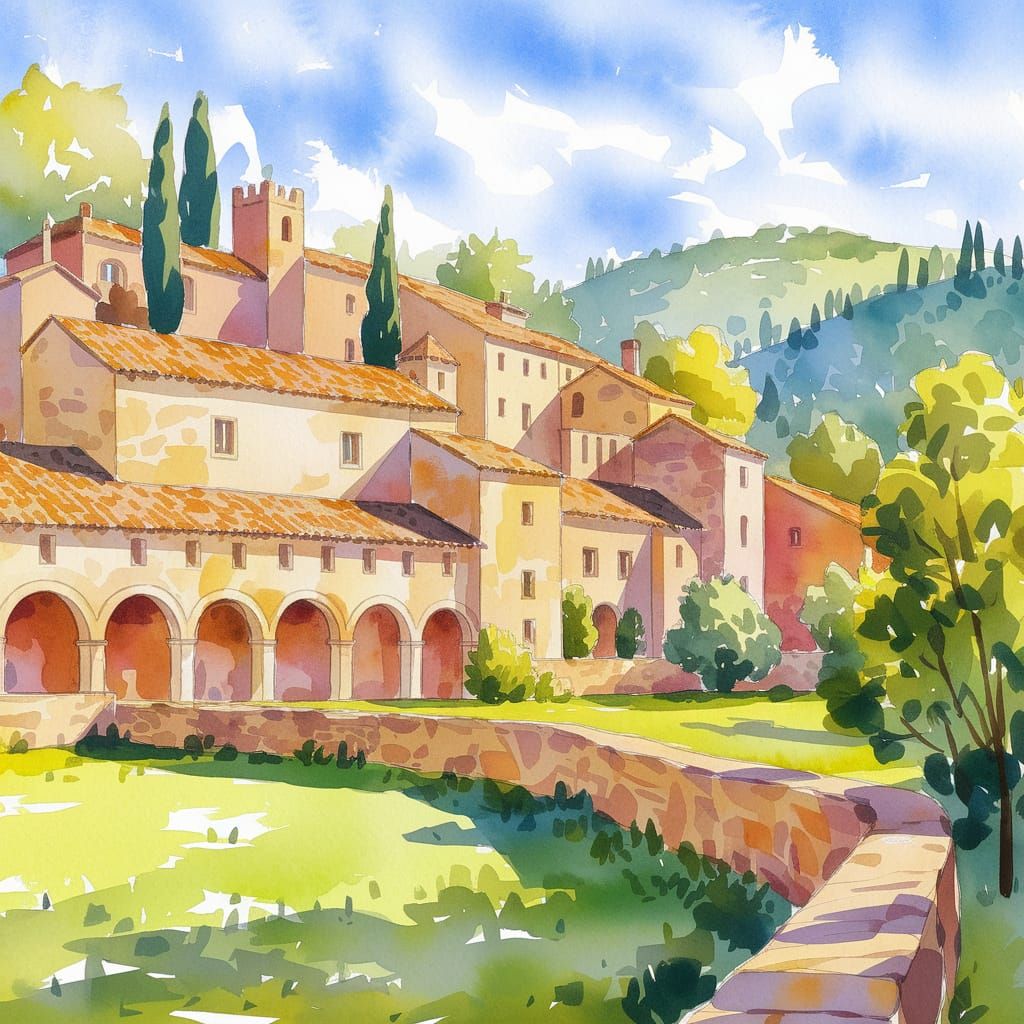 Belvès Village, Dordogne, France: Watercolour Anime Art