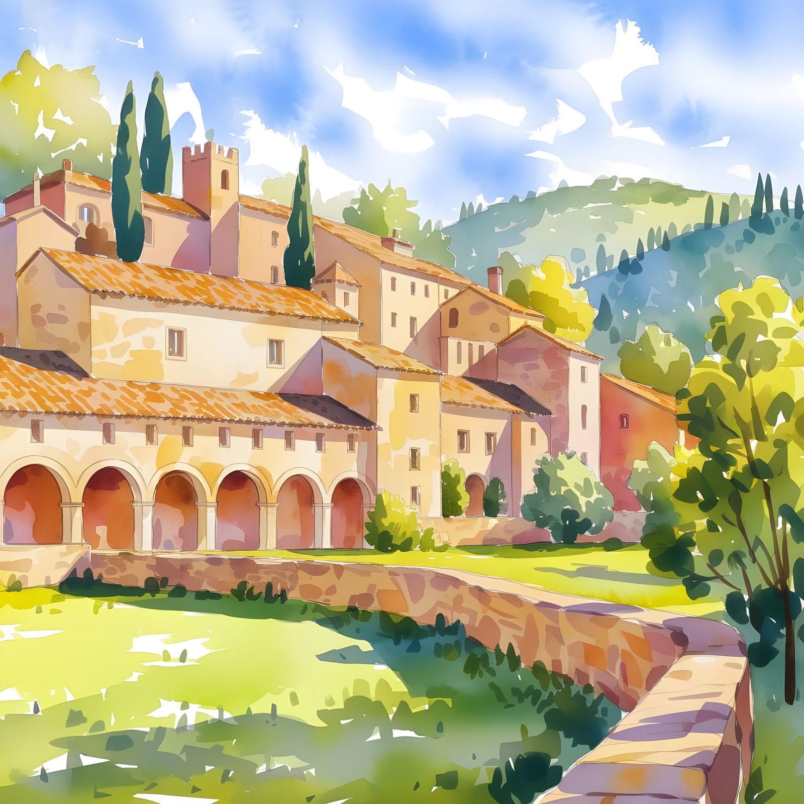 Belvès Village, Dordogne, France: Watercolour Anime Art