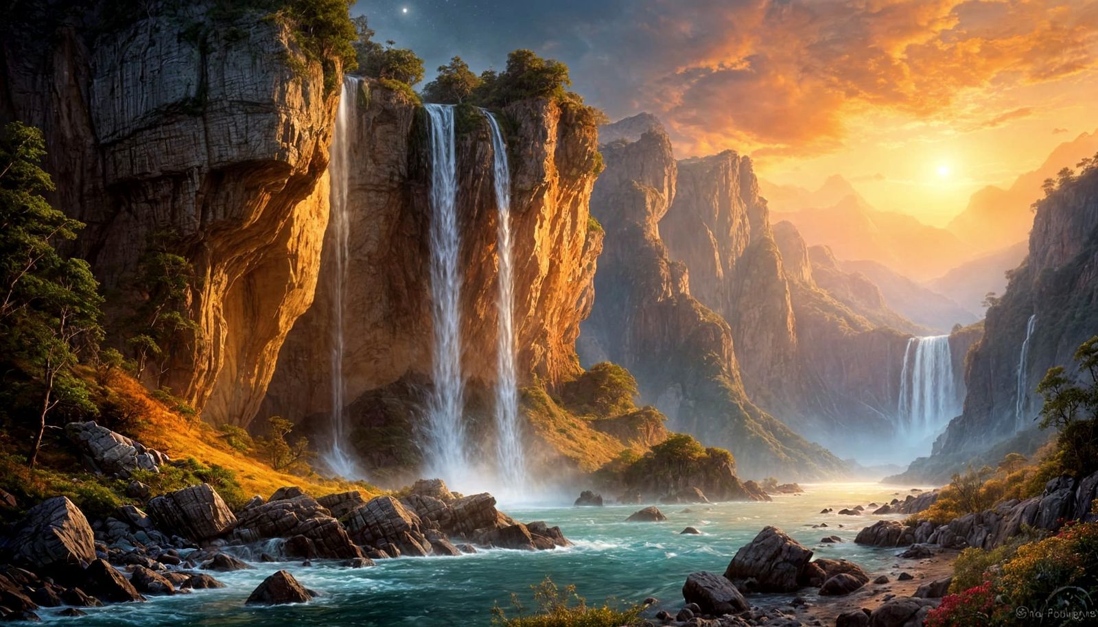 Fantasy Landscape with Waterfalls as Oil Painting