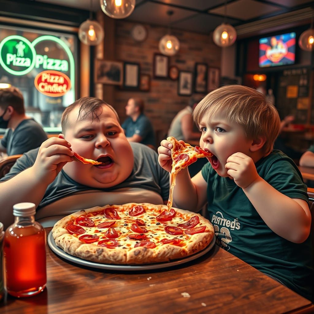 Obese Kids Enjoying Pizza in a Pizza Bar