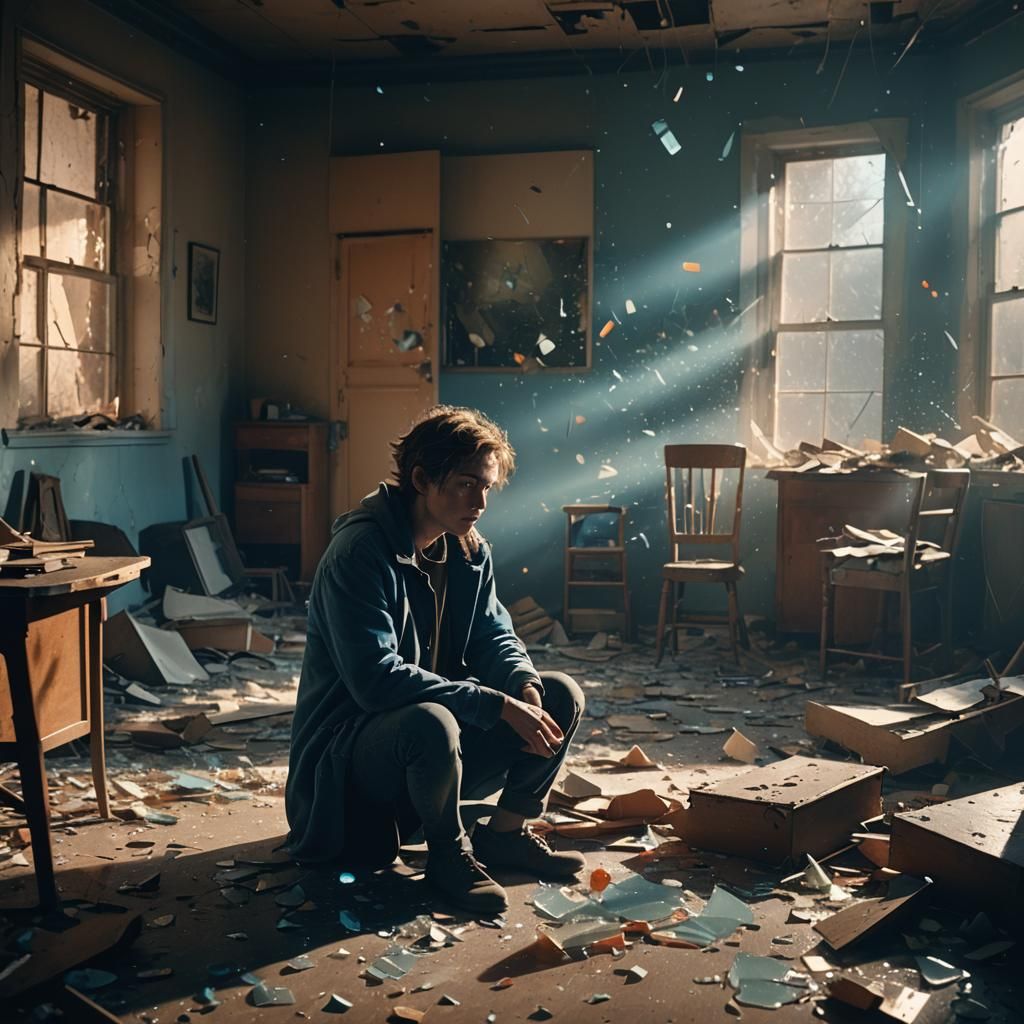 Sorrowful Figure in Abandoned Room: Cinematic Still