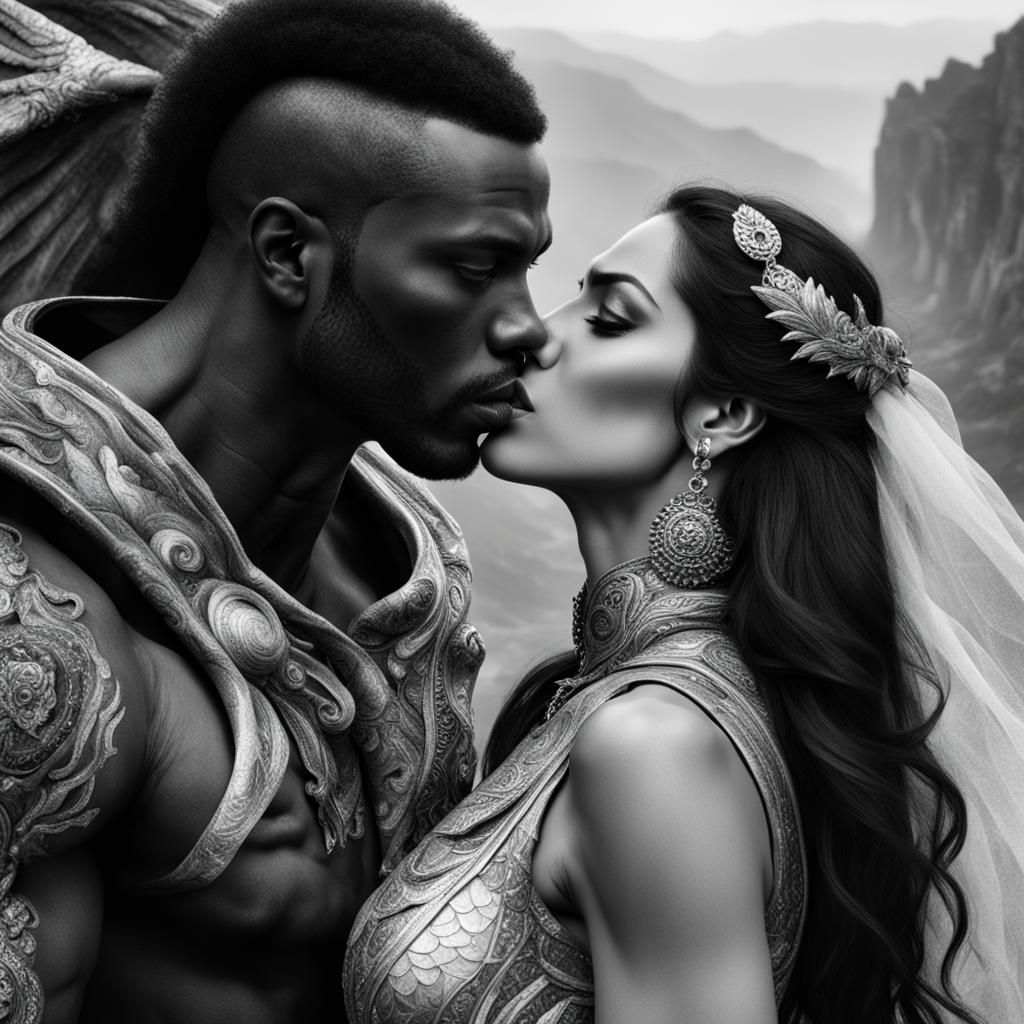 Interracial Couple Kissing on Alien Planet with Dragons