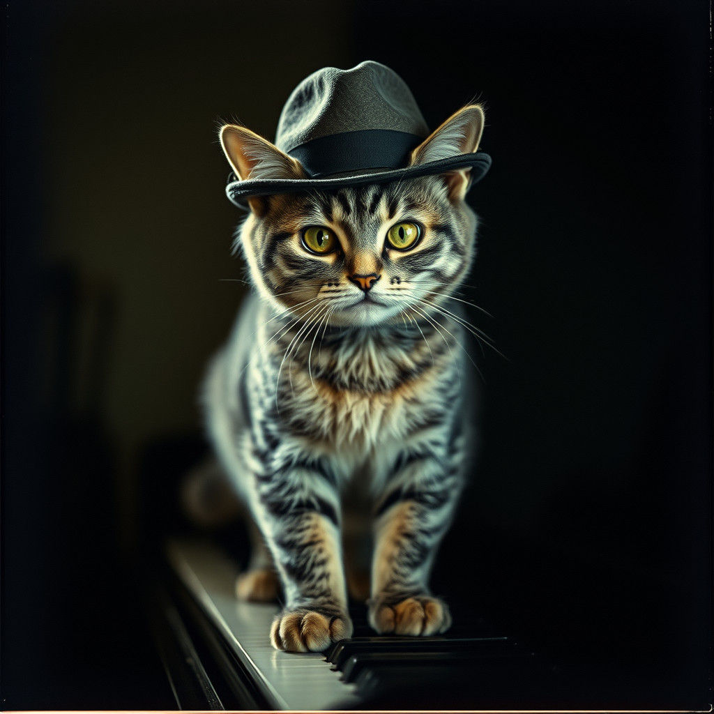 Majestic Grey Tabby Cat in Fedora Hat on Piano Keys