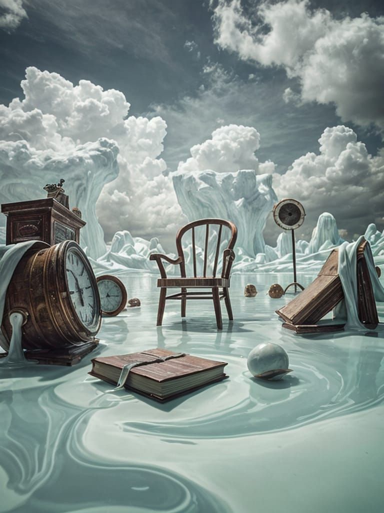 Surreal Melting Objects in Dreamlike Landscape