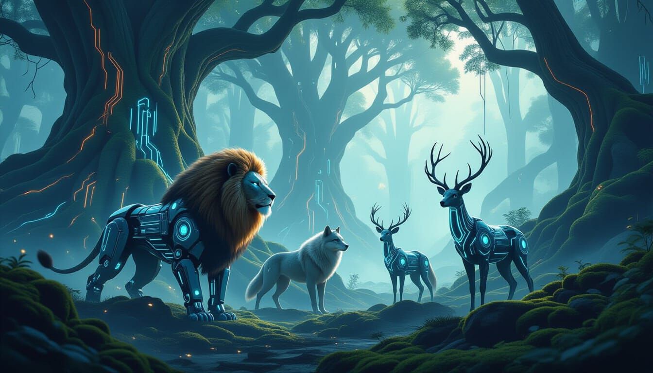 Cybernetic Animals in a Bioluminescent Techo-Organic Forest