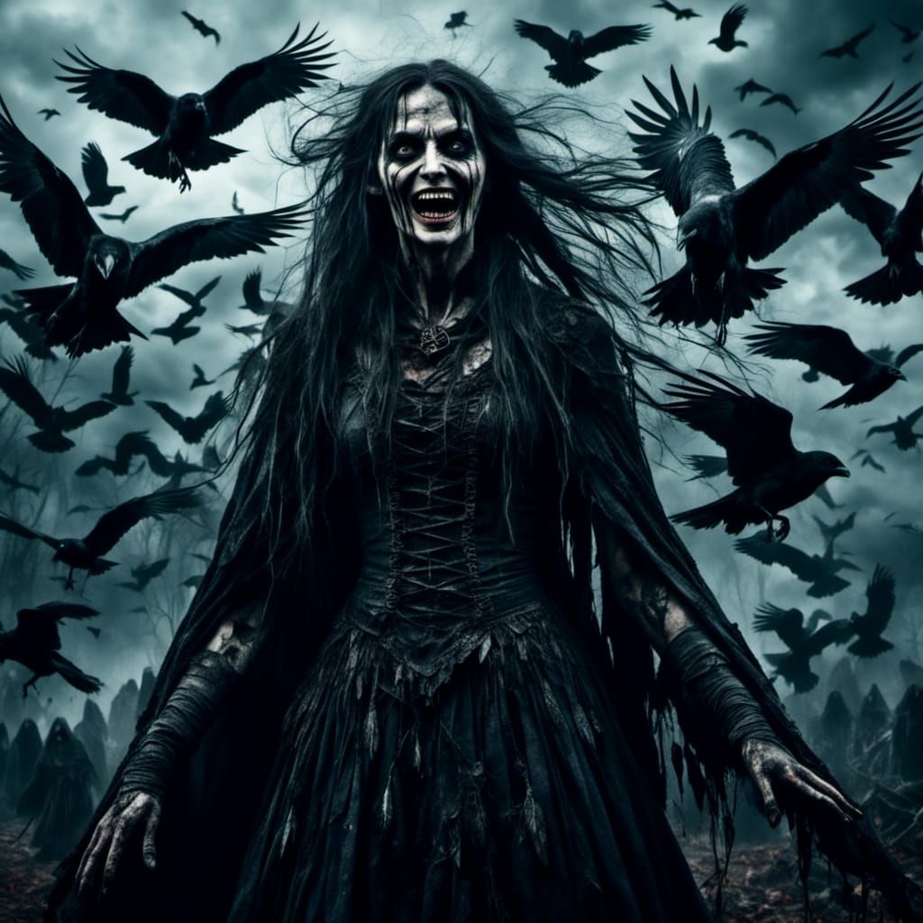 Evil Witch Surrounded by Crows in Macabre Style