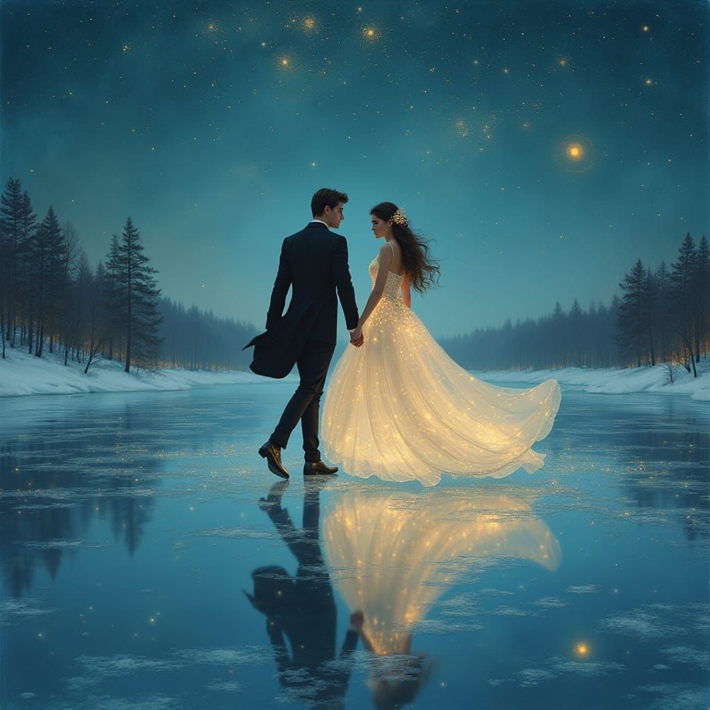 Romantic Ice Skating Couple Under Starlit Sky