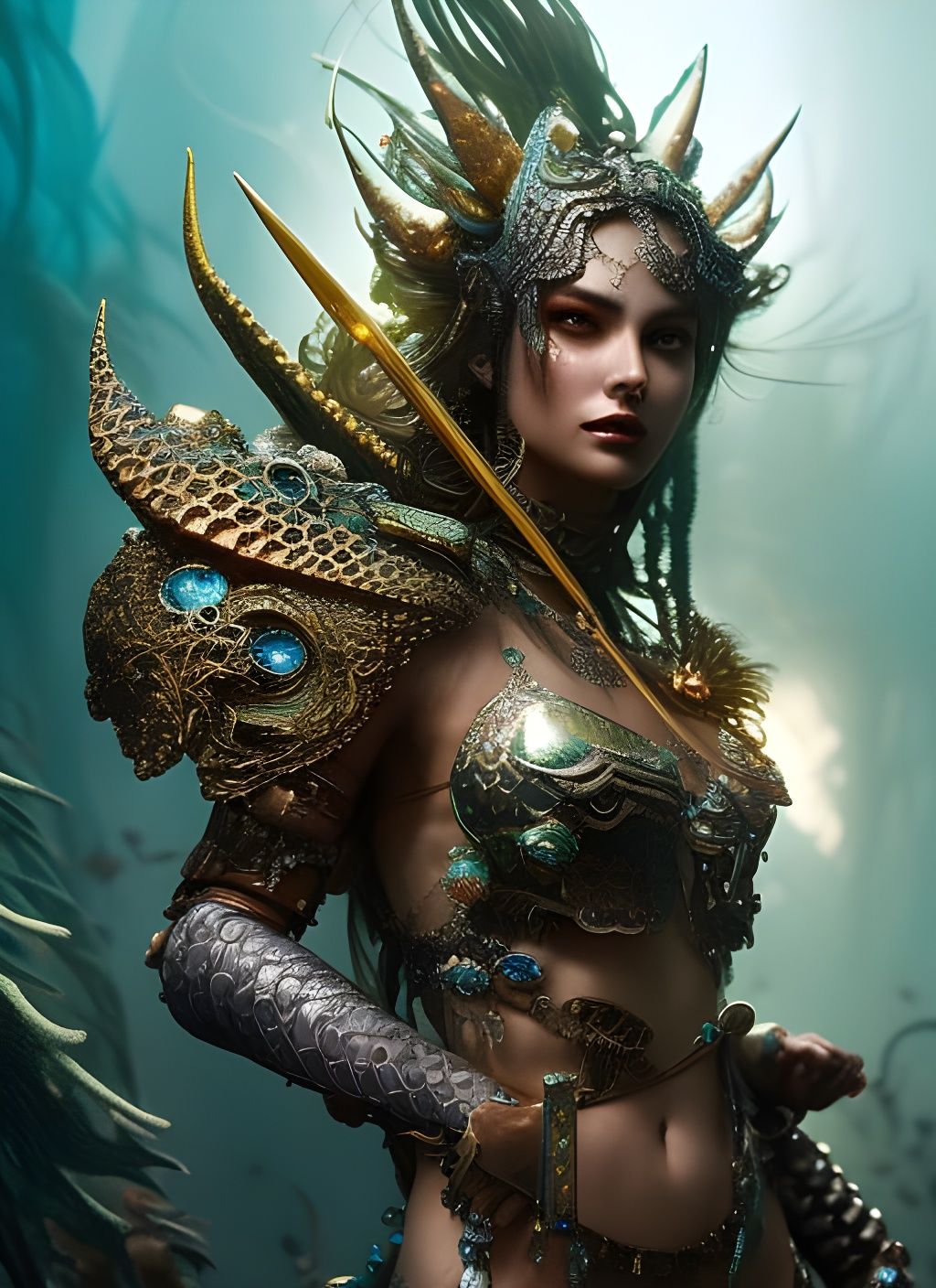 Gorgeous Mermaid Warrior in Hyperdetailed Fantasy Art