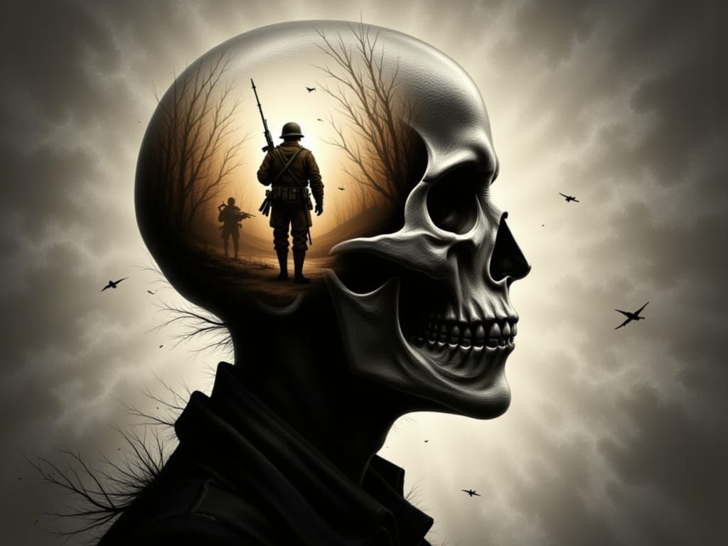Skull with WWII Battle as Digital Art
