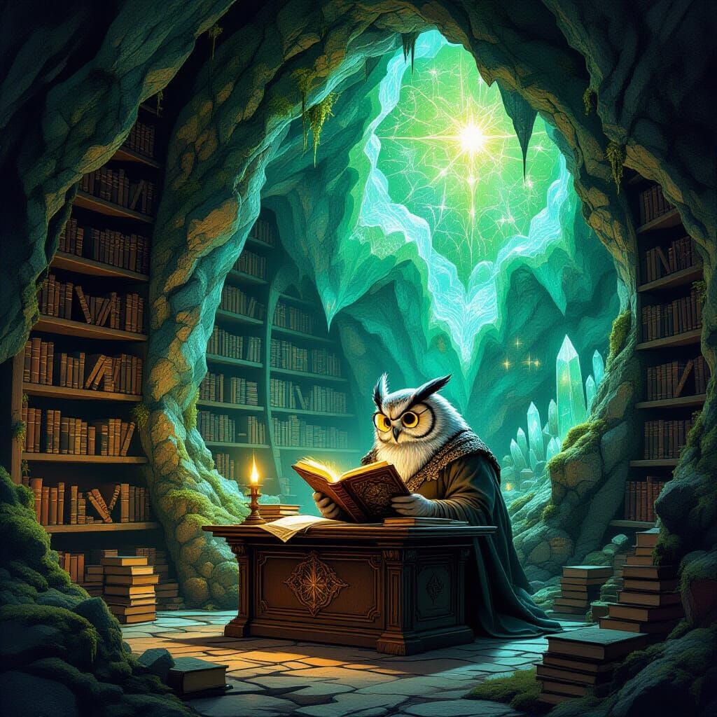Wise Owl Scholar in Crystal Geode Library