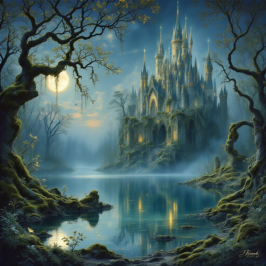 Mystical Floating Castle in Twilight Forest Painting