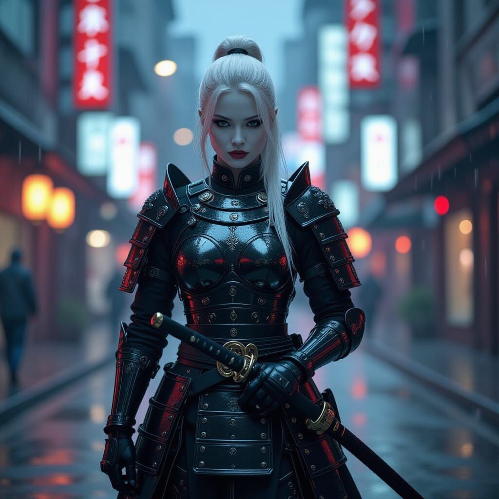 Albino Samurai in Diamond Armor, Cyberpunk Cityscape