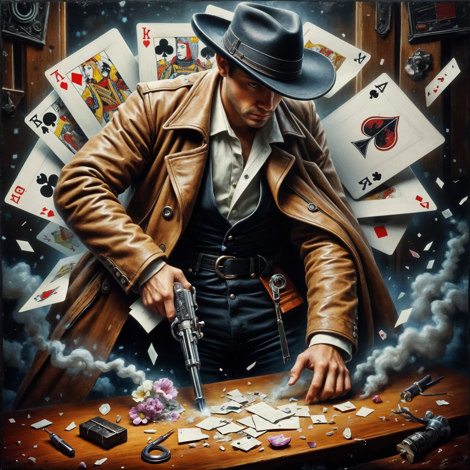 Outlaw Gambler Emerges from a Deck of Cards in Neo-Impressio...