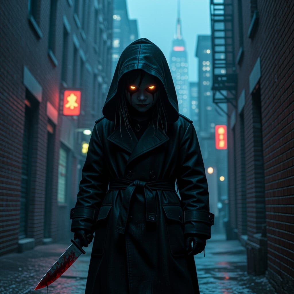 Menacing Child in Rainy Alley, Digital Art